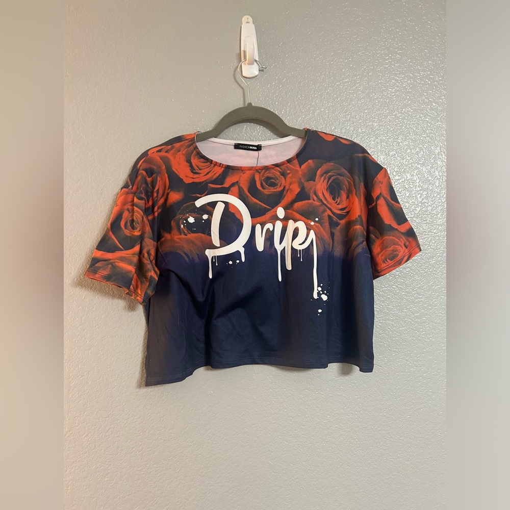 women's blue red white rose graphic crop top shirt size small